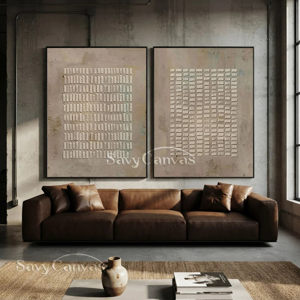 Simple Grid Abstract Oil Art (Set of 2) - Textured Neutral #JJ 015
