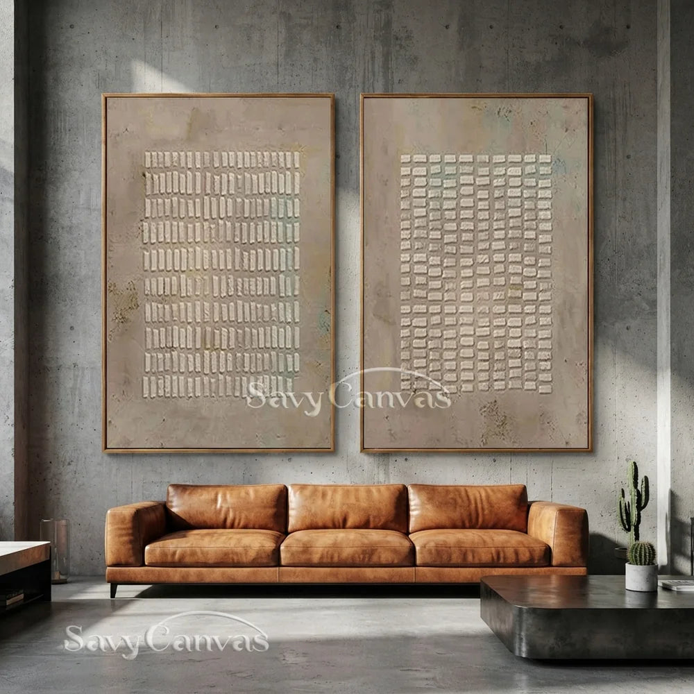 Simple Grid Abstract Oil Art (Set of 2) - Textured Neutral #JJ 015