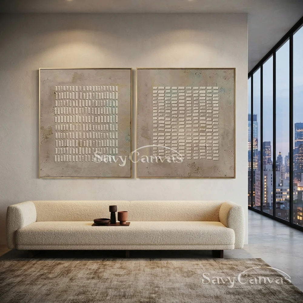 Simple Grid Abstract Oil Art (Set of 2) - Textured Neutral #JJ 015