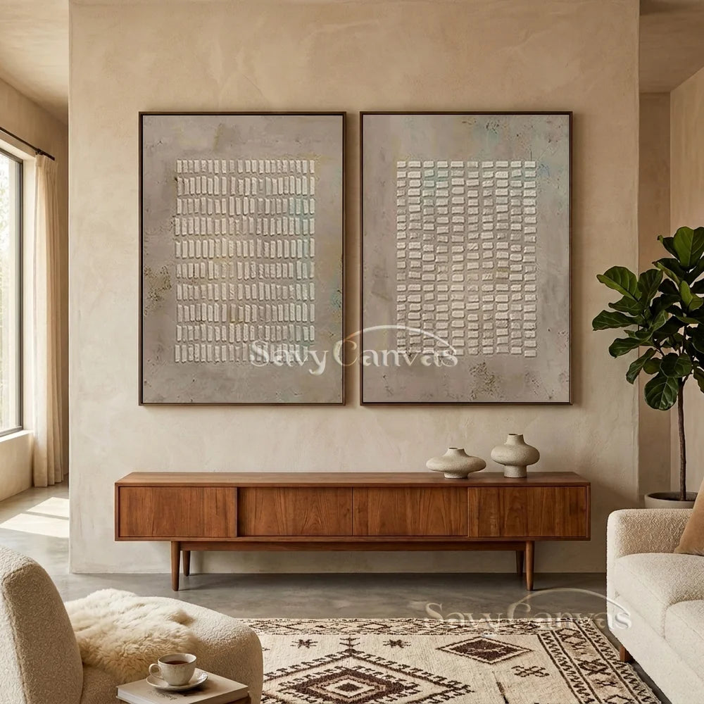 Simple Grid Abstract Oil Art (Set of 2) - Textured Neutral #JJ 015