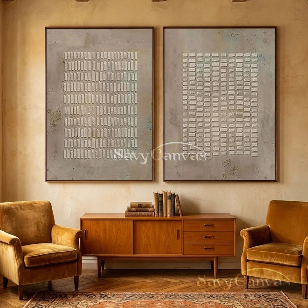 Simple Grid Abstract Oil Art (Set of 2) - Textured Neutral #JJ 015
