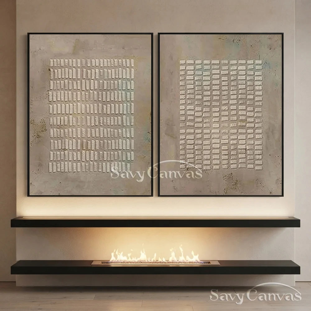 Simple Grid Abstract Oil Art (Set of 2) - Textured Neutral #JJ 015