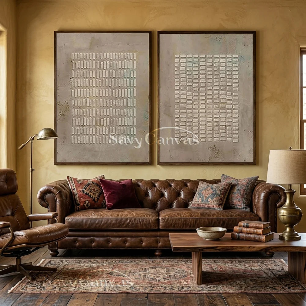 Simple Grid Abstract Oil Art (Set of 2) - Textured Neutral #JJ 015