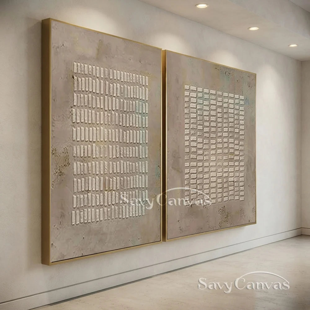 Simple Grid Abstract Oil Art (Set of 2) - Textured Neutral #JJ 015
