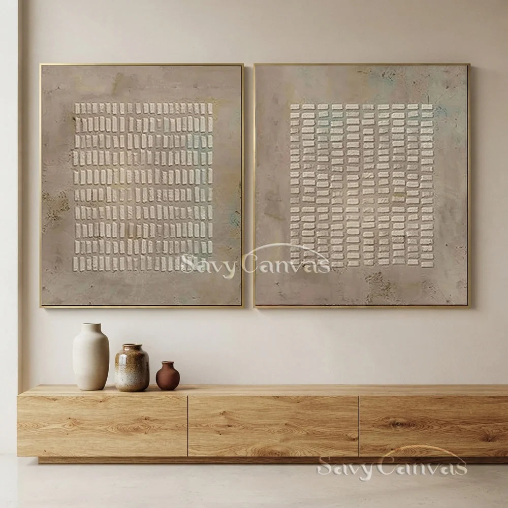 Simple Grid Abstract Oil Art (Set of 2) - Textured Neutral #JJ 015