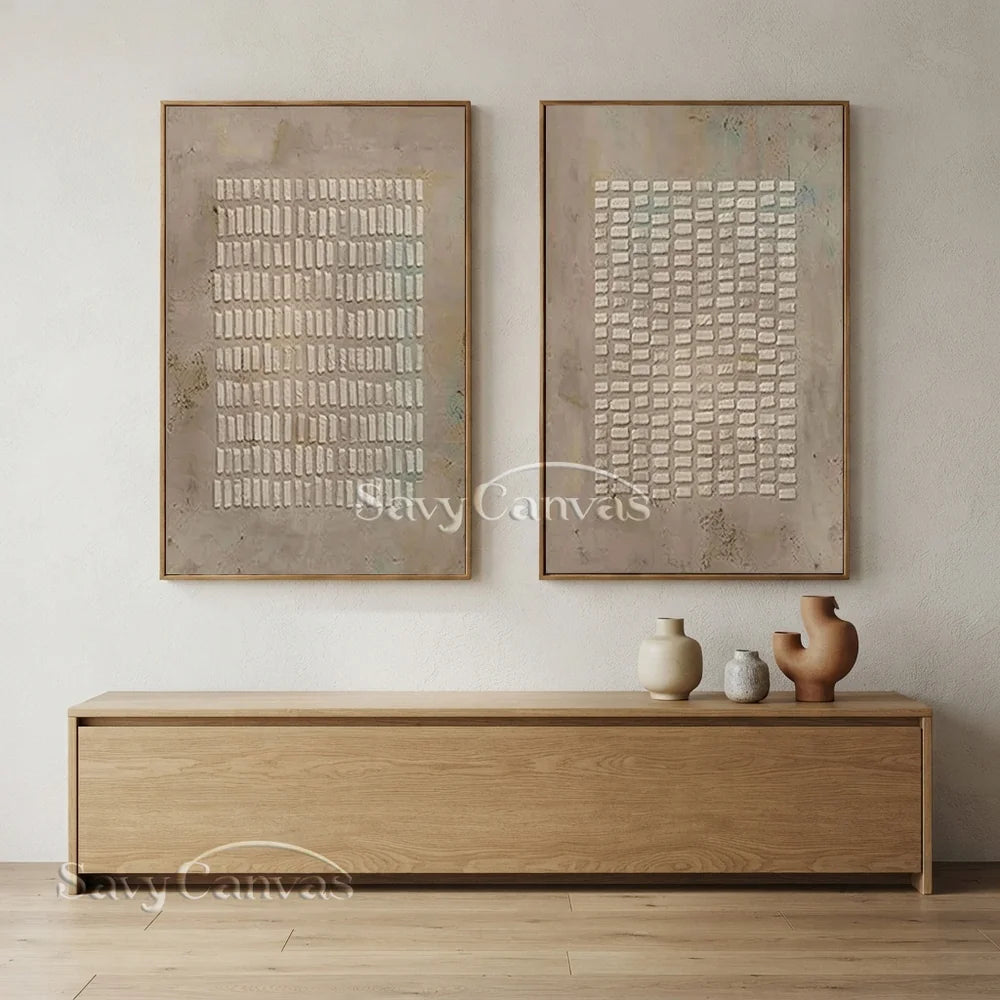 Simple Grid Abstract Oil Art (Set of 2) - Textured Neutral #JJ 015