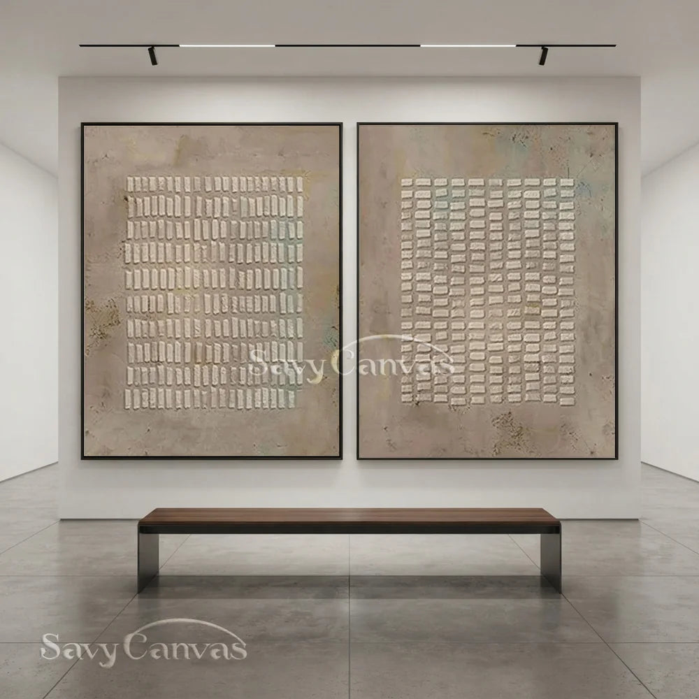 Simple Grid Abstract Oil Art (Set of 2) - Textured Neutral #JJ 015