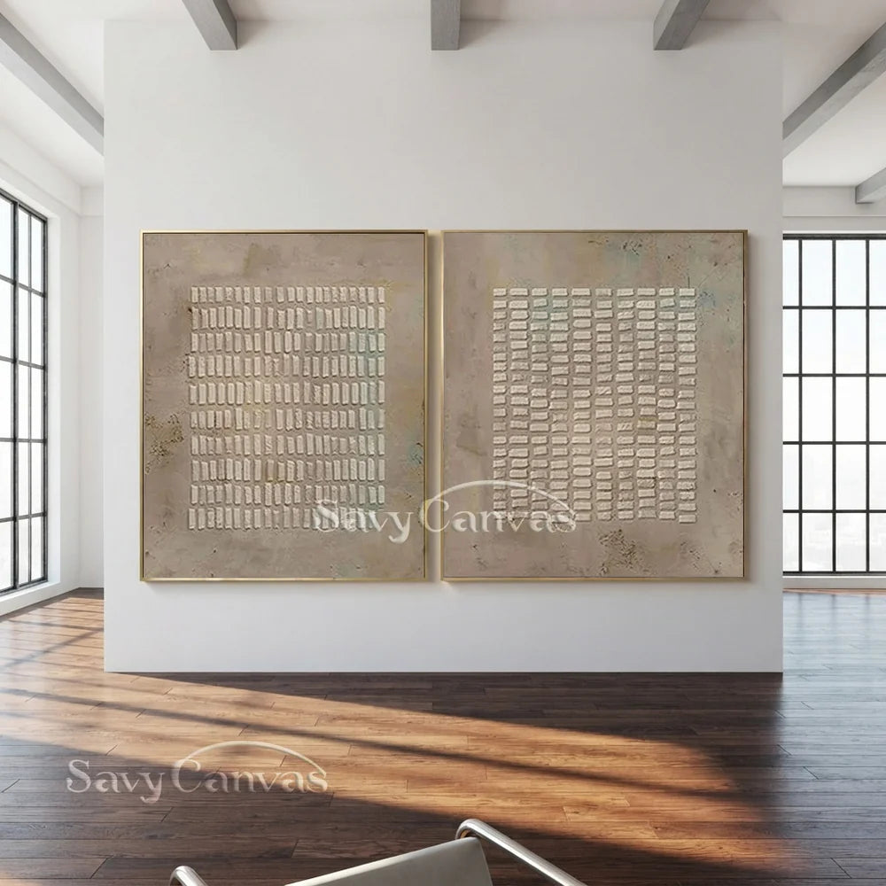 Simple Grid Abstract Oil Art (Set of 2) - Textured Neutral #JJ 015