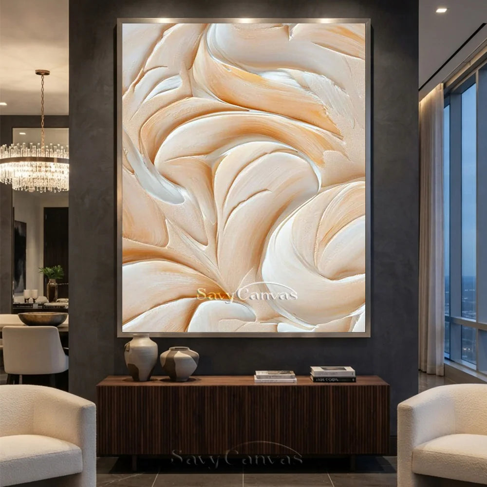 Abstract Cream & White Textured Oil Painting for Living Room #TC 002