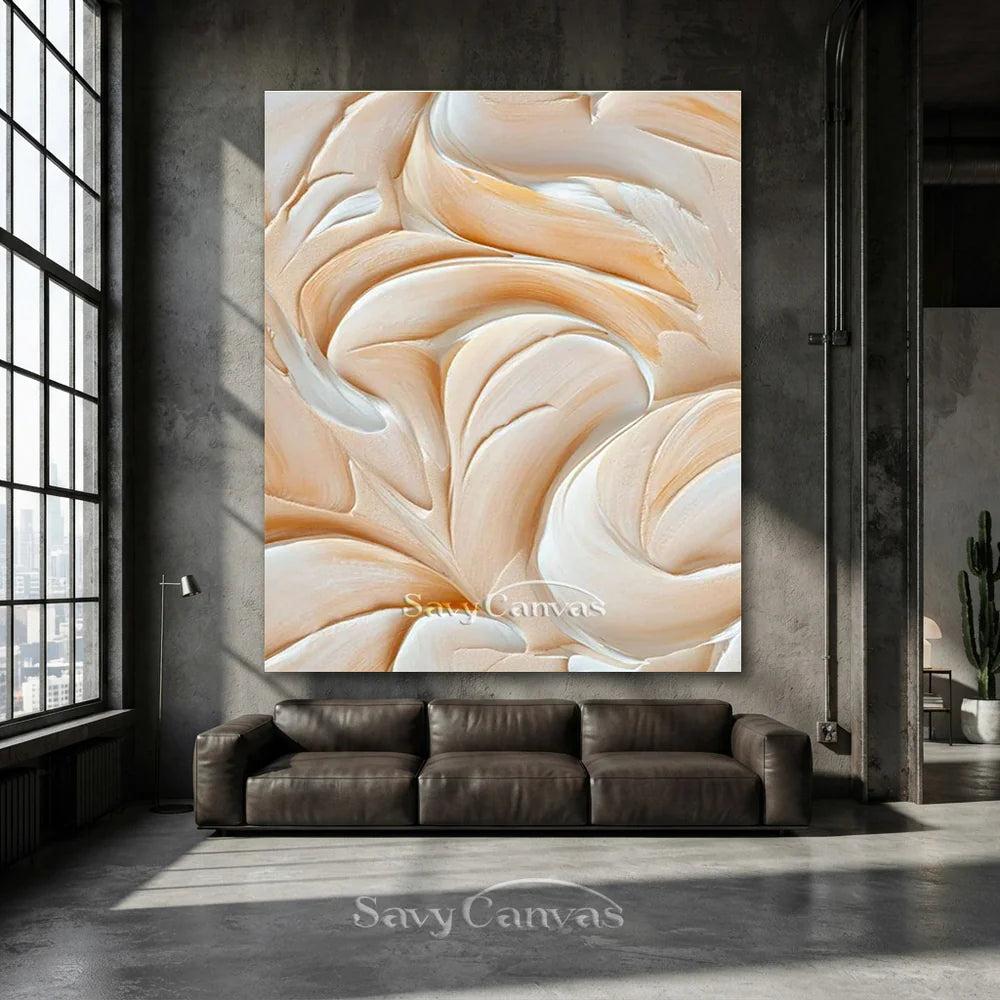 Abstract Cream & White Textured Oil Painting for Living Room #TC 002