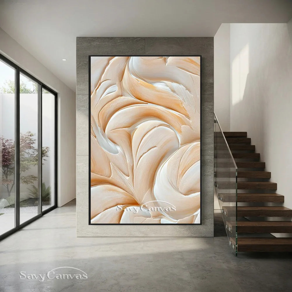 Abstract Cream & White Textured Oil Painting for Living Room #TC 002