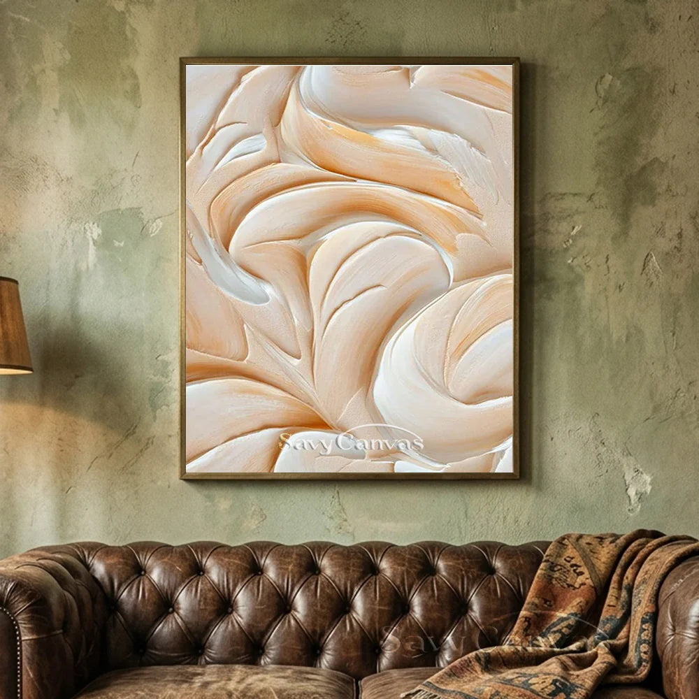 Abstract Cream & White Textured Oil Painting for Living Room #TC 002