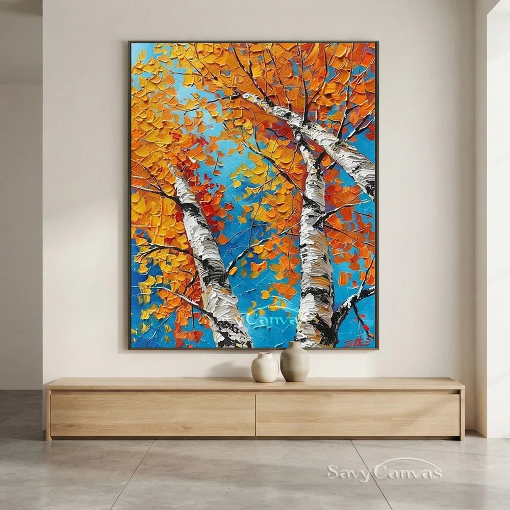 Autumn Birches Hand-Painted Oil Painting | Textured Orange Leaves Art #JJ 349