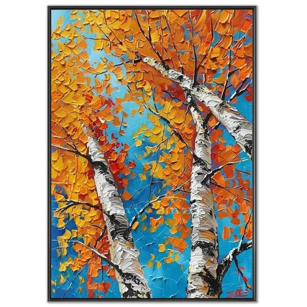 Autumn Birches Hand-Painted Oil Painting | Textured Orange Leaves Art #JJ 349