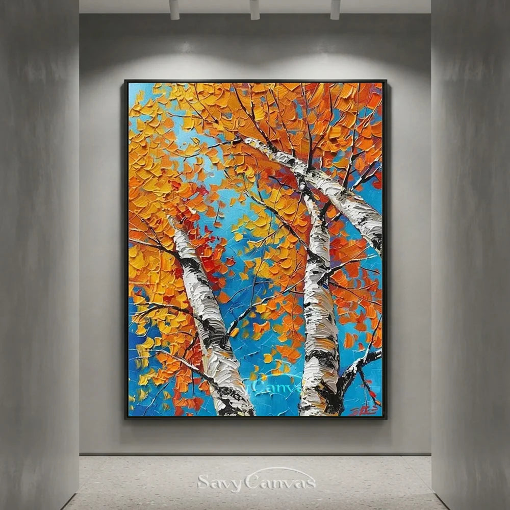 Autumn Birches Hand-Painted Oil Painting | Textured Orange Leaves Art #JJ 349