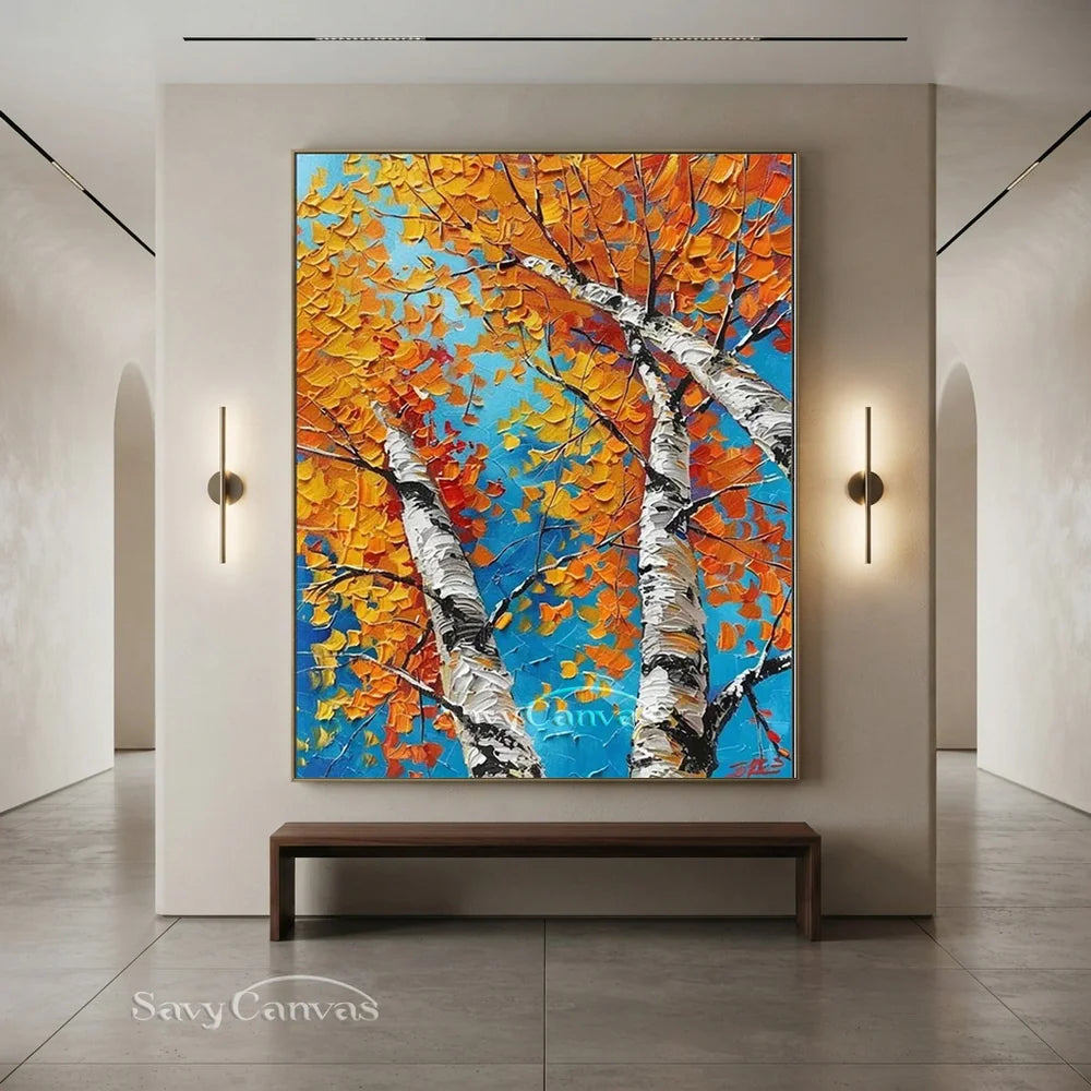 Autumn Birches Hand-Painted Oil Painting | Textured Orange Leaves Art #JJ 349
