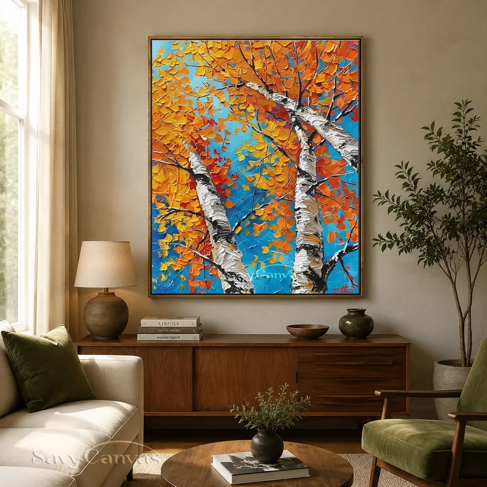 Autumn Birches Hand-Painted Oil Painting | Textured Orange Leaves Art #JJ 349