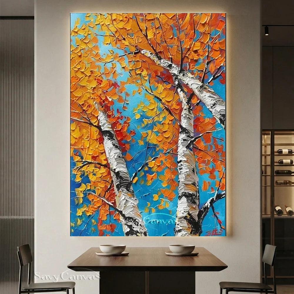 Autumn Birches Hand-Painted Oil Painting | Textured Orange Leaves Art #JJ 349