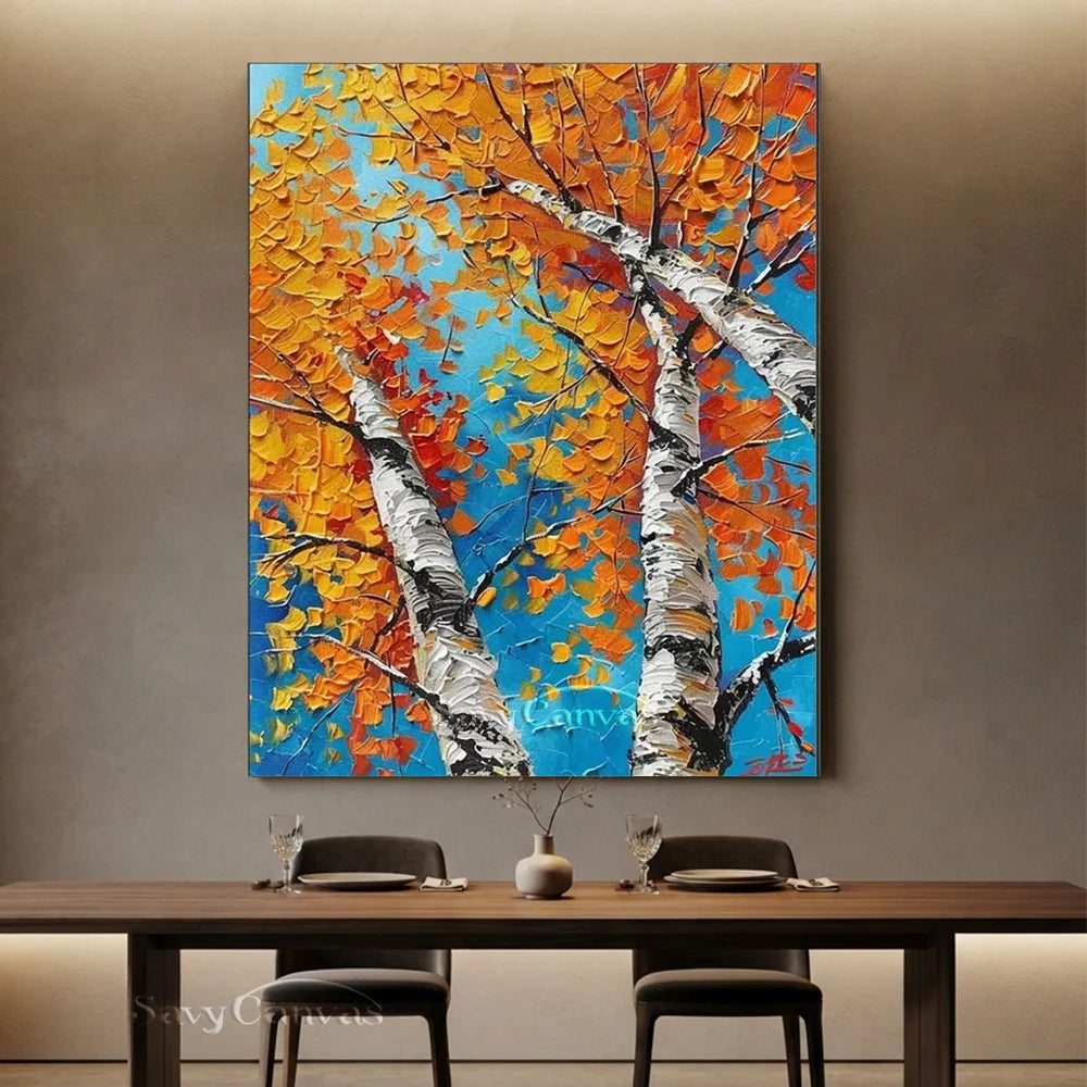 Autumn Birches Hand-Painted Oil Painting | Textured Orange Leaves Art #JJ 349