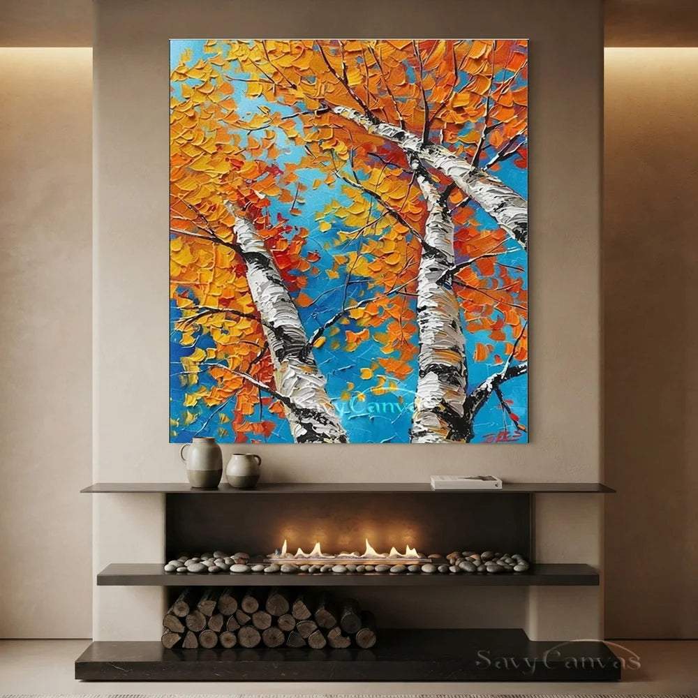 Autumn Birches Hand-Painted Oil Painting | Textured Orange Leaves Art #JJ 349