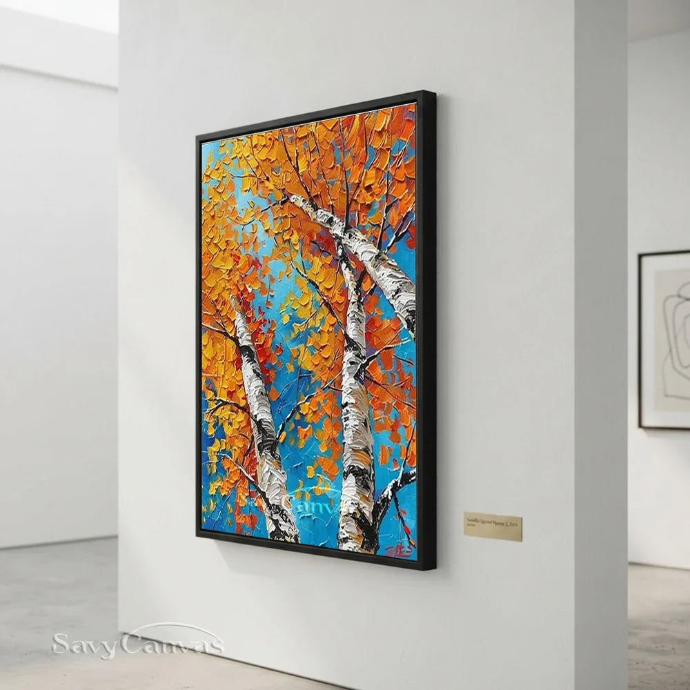 Autumn Birches Hand-Painted Oil Painting | Textured Orange Leaves Art #JJ 349