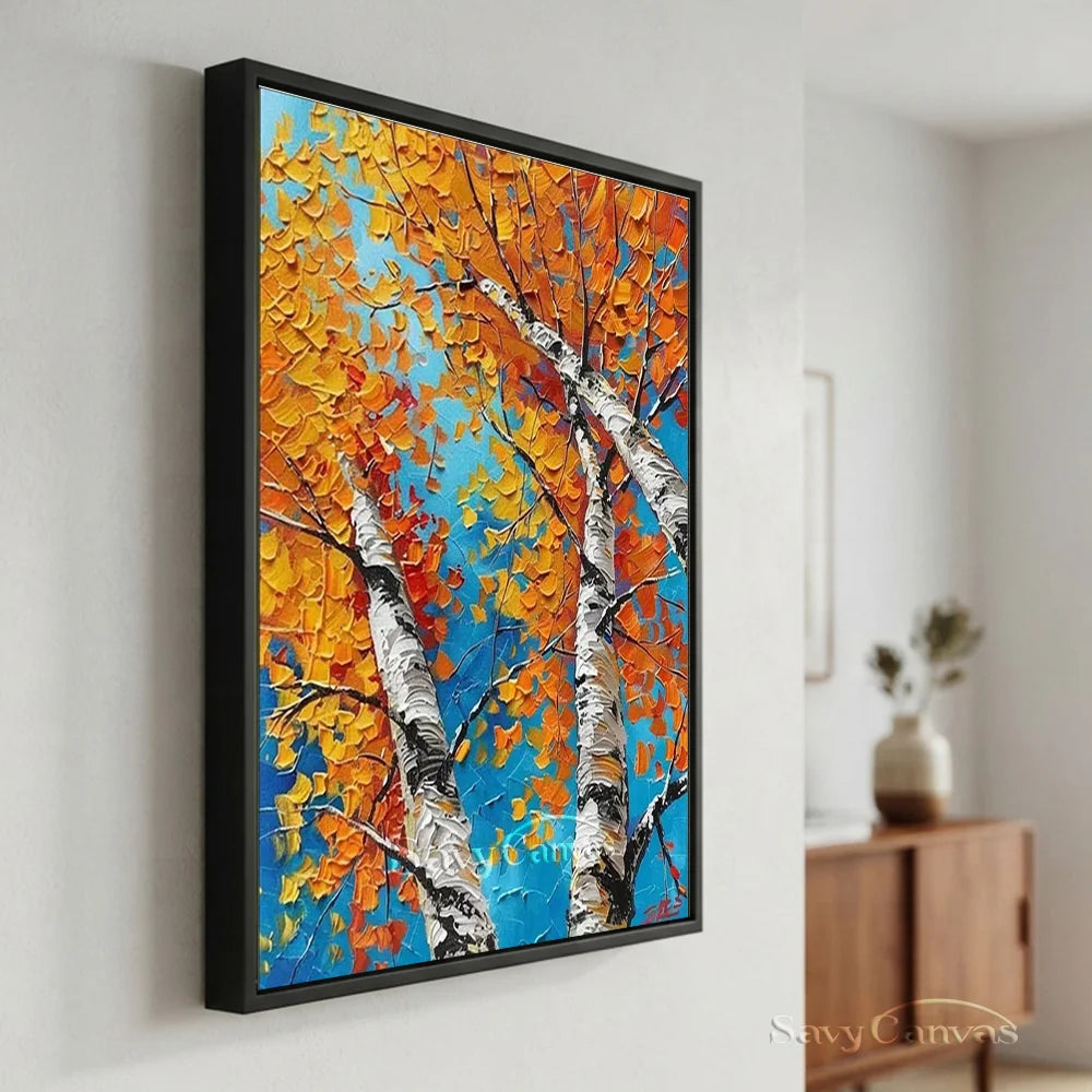 Autumn Birches Hand-Painted Oil Painting | Textured Orange Leaves Art #JJ 349