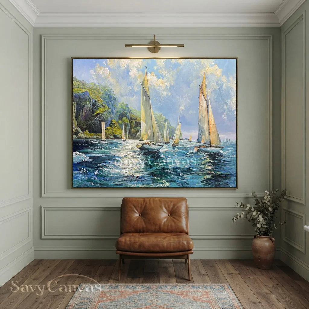 Textured Sailboat Oil Painting - Handmade Seascape Art #TC 098
