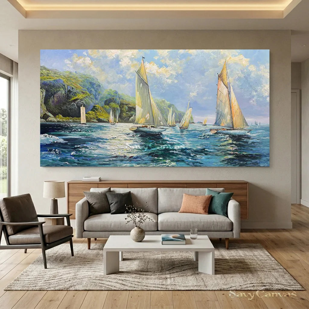 Textured Sailboat Oil Painting - Handmade Seascape Art #TC 098