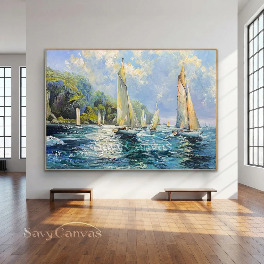 Textured Sailboat Oil Painting - Handmade Seascape Art #TC 098