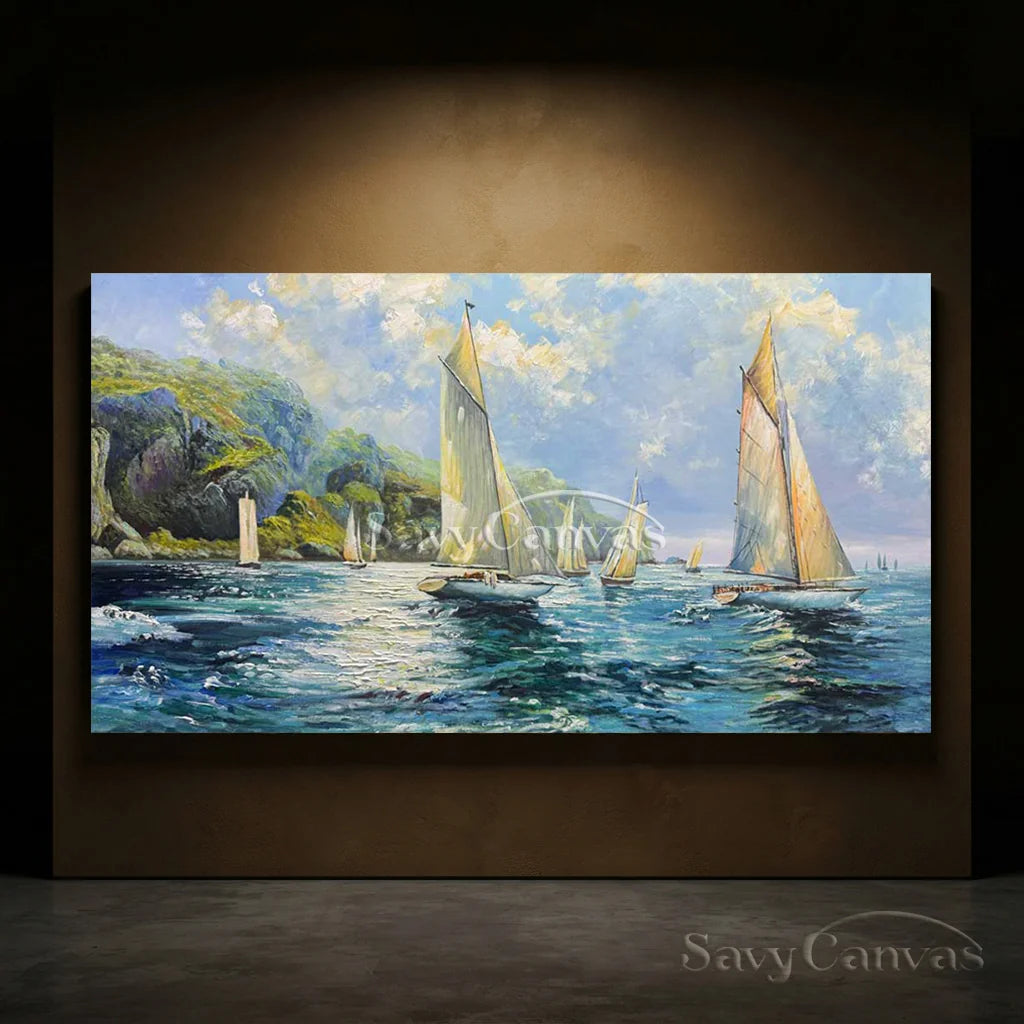 Textured Sailboat Oil Painting - Handmade Seascape Art #TC 098