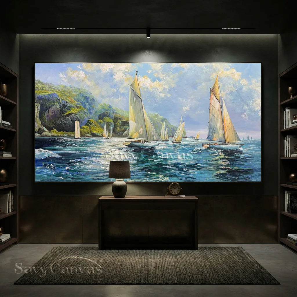 Textured Sailboat Oil Painting - Handmade Seascape Art #TC 098