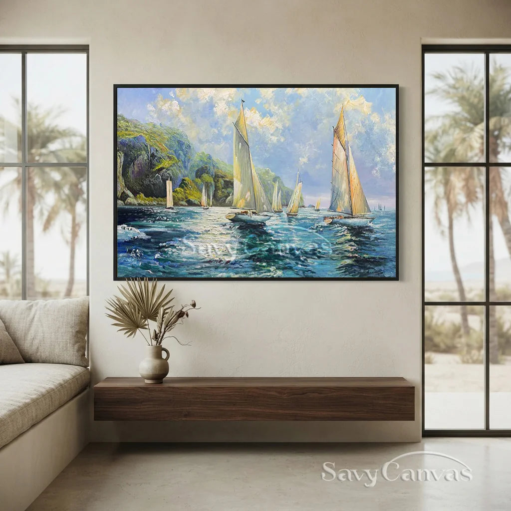 Textured Sailboat Oil Painting - Handmade Seascape Art #TC 098