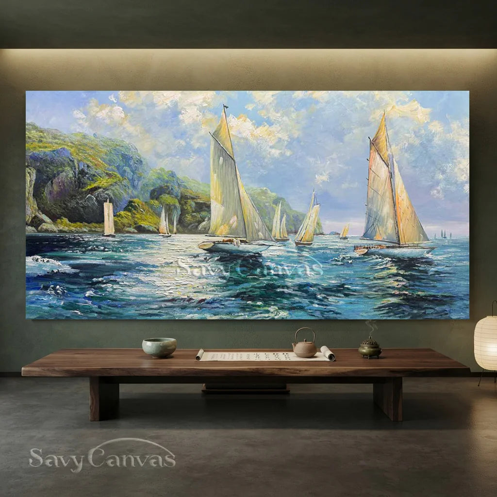 Textured Sailboat Oil Painting - Handmade Seascape Art #TC 098