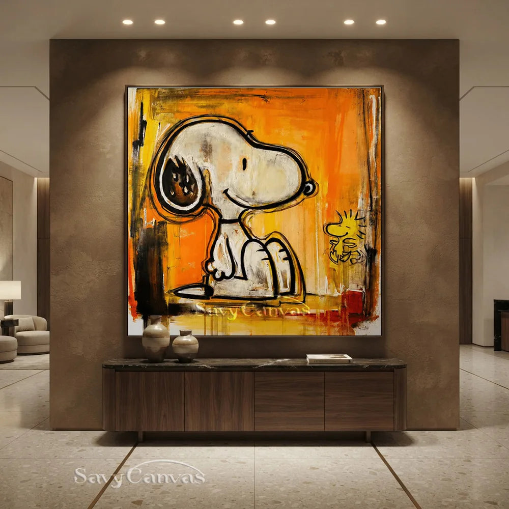 Savy Canvas Textured Pollock Art Snoopy Orange Wall Art #SS 274