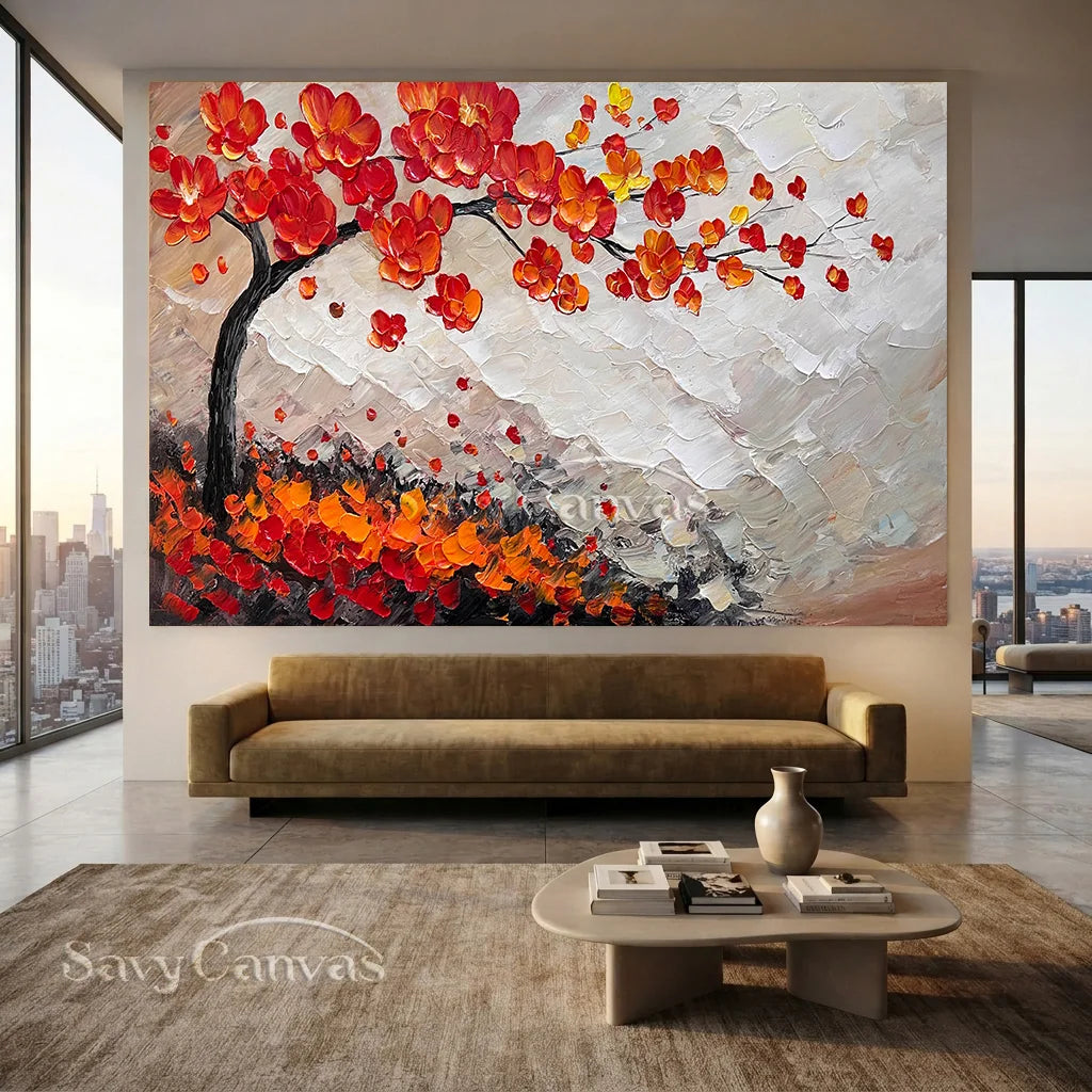 Large Abstract Orange Foliage | Textured Tree Oil Painting #JJ 302