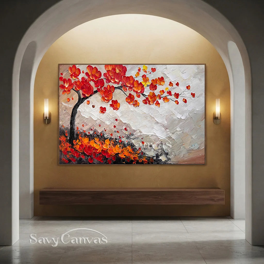 Large Abstract Orange Foliage | Textured Tree Oil Painting #JJ 302