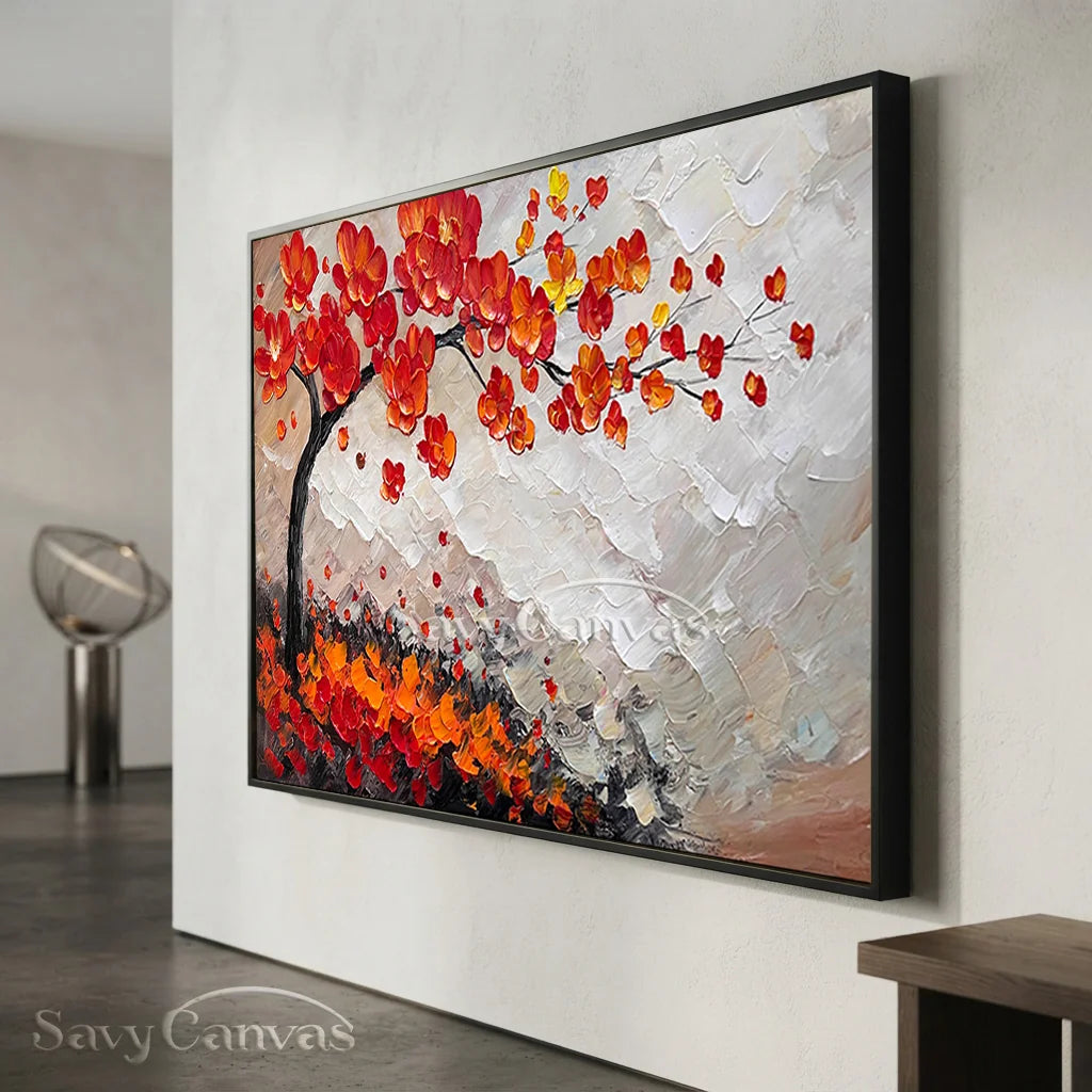 Large Abstract Orange Foliage | Textured Tree Oil Painting #JJ 302