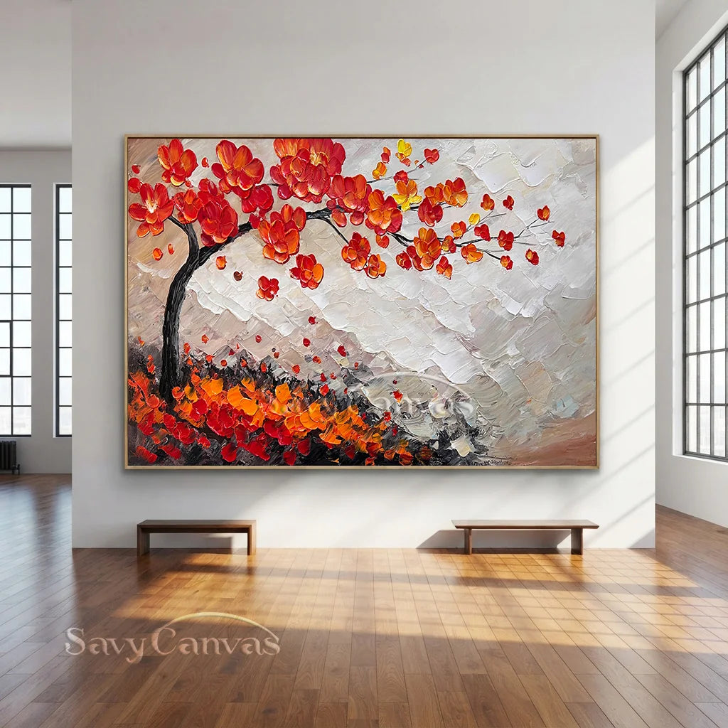 Large Abstract Orange Foliage | Textured Tree Oil Painting #JJ 302