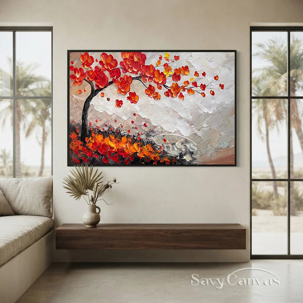 Large Abstract Orange Foliage | Textured Tree Oil Painting #JJ 302