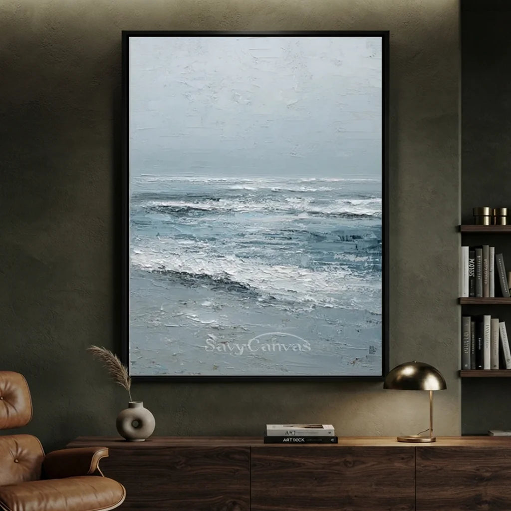Handmade Blue Textured Ocean Wave Impressionist Painting #ZC 62