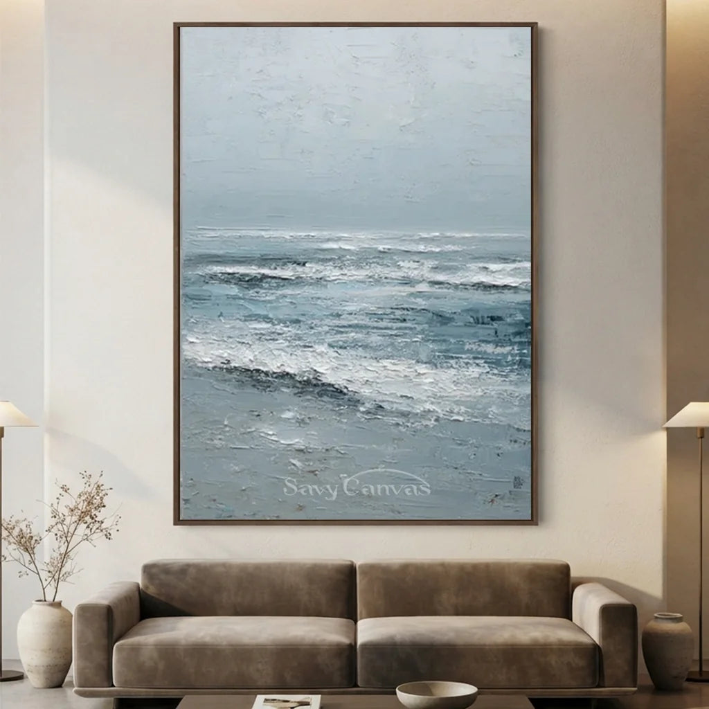 Handmade Blue Textured Ocean Wave Impressionist Painting #ZC 62
