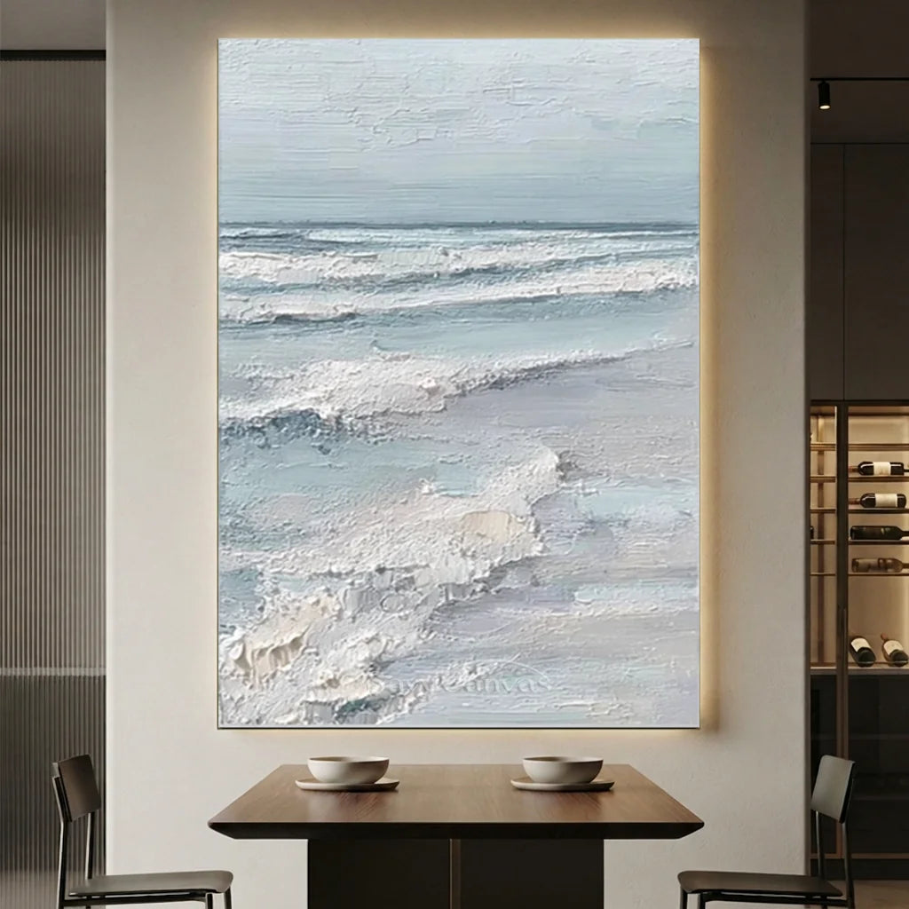 Handmade Soft Blue Ocean Wave Textured Oil Painting #ZC 63