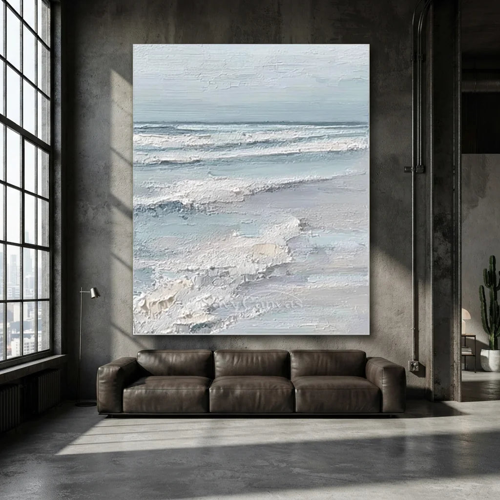 Handmade Soft Blue Ocean Wave Textured Oil Painting #ZC 63