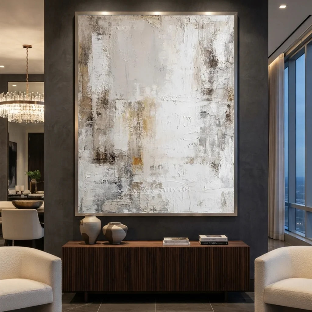 Handmade Textured White Abstract Neutral Oil Painting #ZC 64