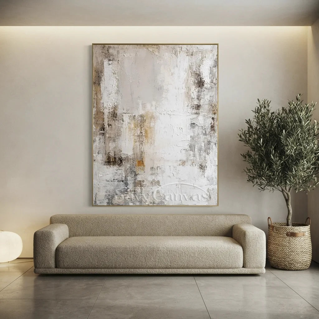 Handmade 3D textured white abstract oil painting featuring distressed plaster texture layered with warm beige, light grey, and subtle earthy gold brushstrokes on canvas for Wabi-Sabi living room wall decor.