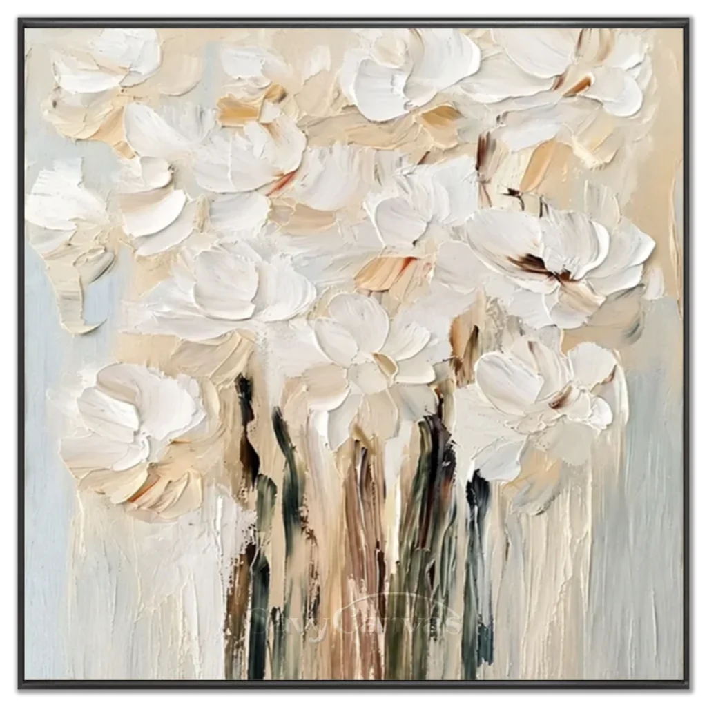 Textured-white-floral-abstract-painting-black-frame-02.webp