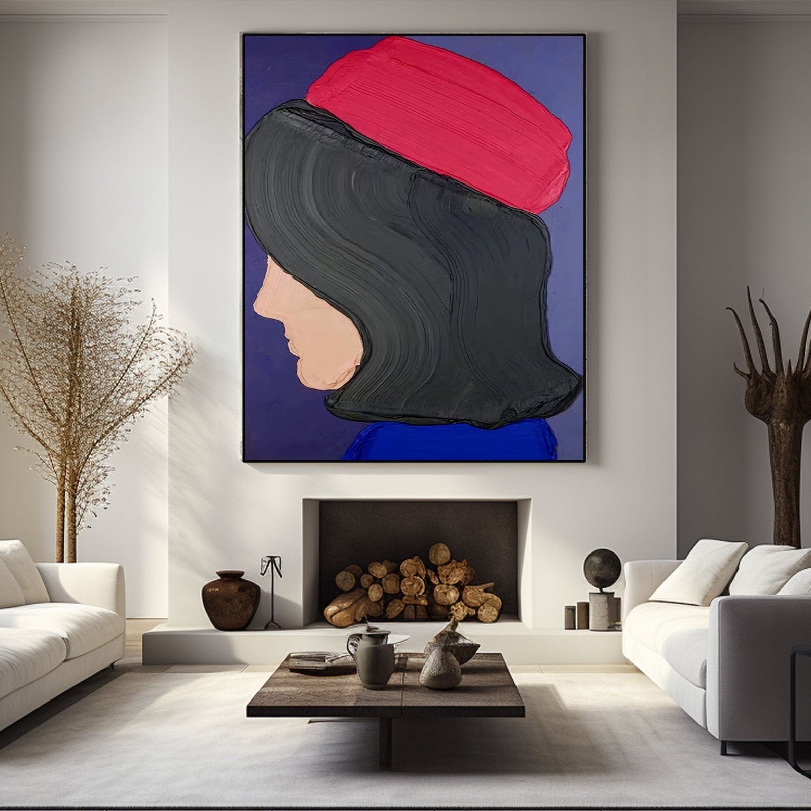 Abstract Woman Portrait with Red Beret | Modern Profile Canvas #AA 429
