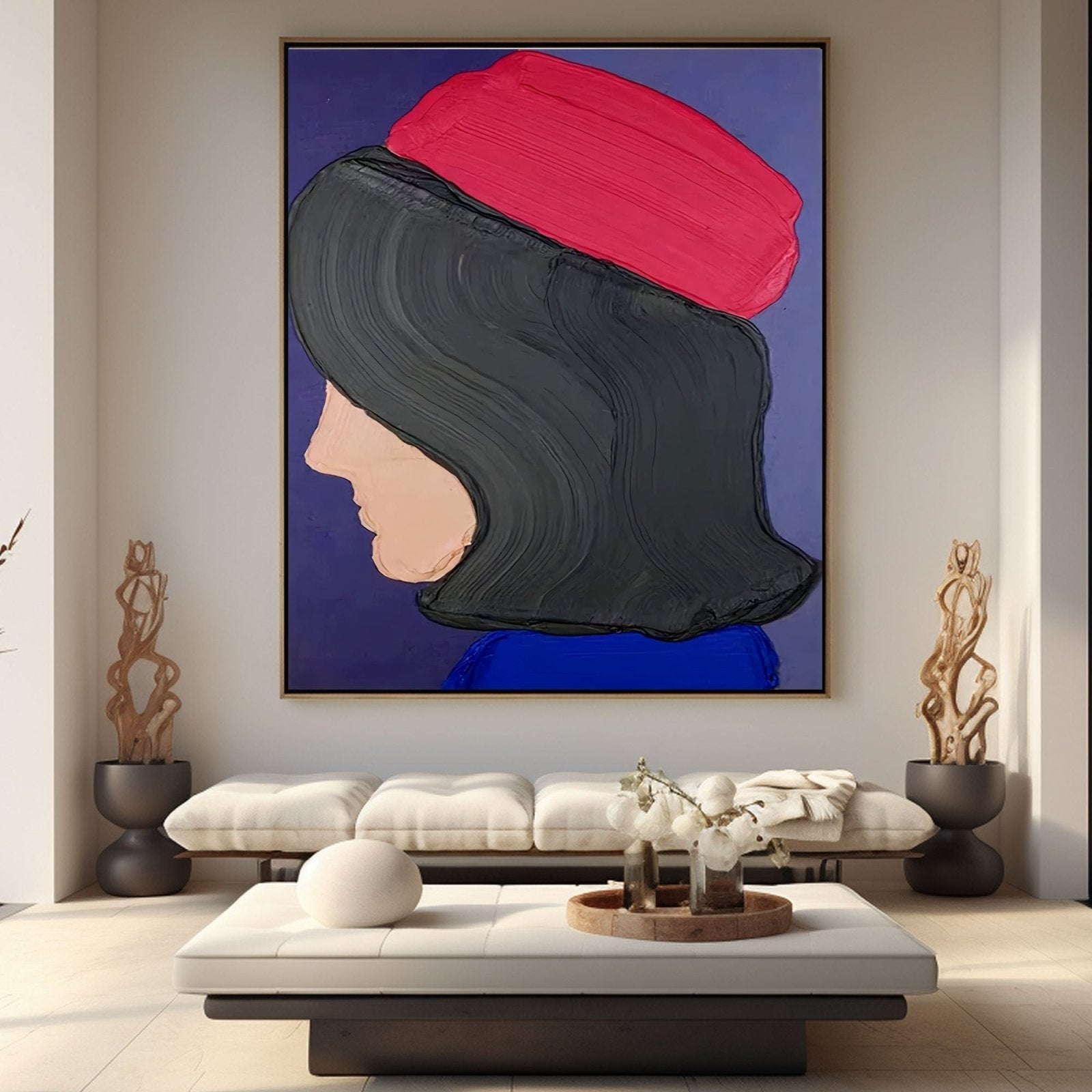 Abstract Woman Portrait with Red Beret | Modern Profile Canvas #AA 429