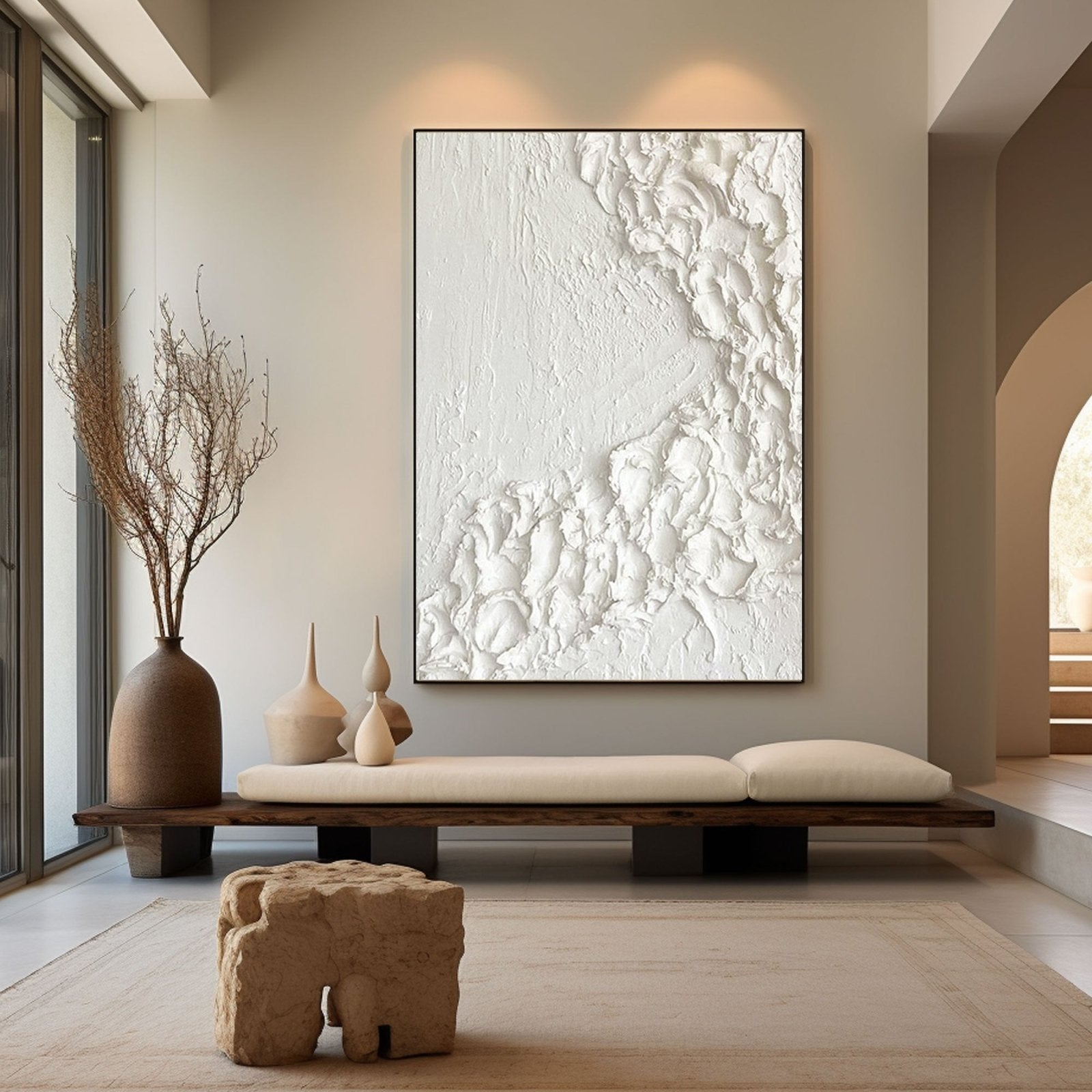 Textured White Abstract Canvas Art | Large Vertical Painting for Wall