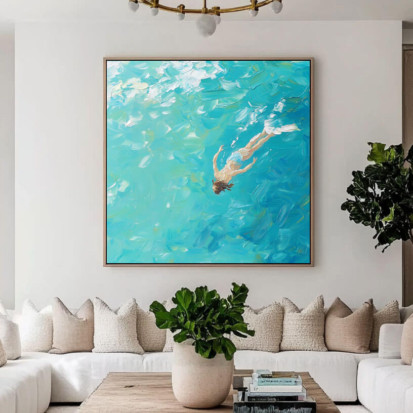 Textured Swimmer Painting | Impasto Ocean Wall Art #AA 071
